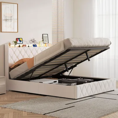 Productafbeelding van REMZETTA Gestoffeerd bed 140x200 cm, tweepersoonsbed met hydraulische opbergruimte, RGB-LED-verlichting, USB-C-poort, opbergkussen en fluwele bekleding in beige kleur