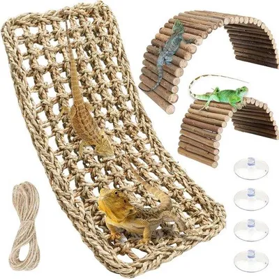 Productafbeelding van Bearded Dragon Habitat Accessoires, 3-pack Natuurlijke Seagrass Hangmat en Buigbare Brug voor Kameleons, Hagedissen en Reptielen