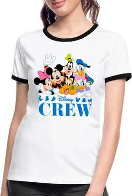 Produktbild von Mickey & Minnie Pluto Goofy Daisy Donald Crew Frauen Kontrast T-Shirt, XL, Weiß/Schwarz