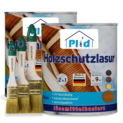 Produktbild von Plid Holzlasur 1,5l Teak für ca. 16m² + Lasurpinselset 3-tlg. / Holzschutz für Holzmöbel, Zäune, Türen & Gartenholz / Holzschutzlasur