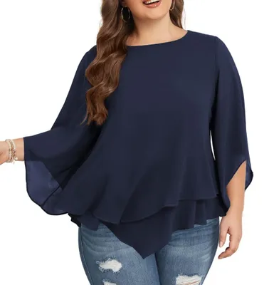Productafbeelding van Plus Size Chiffon Blouse met 3/4 Mouwen - Donkerblauw