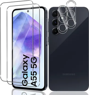 A Samsung Galaxy A55 5G phone with screen protectors and camera lens protectors.