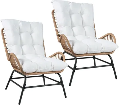 Produktbild von 2er-Set Rattanstühle für den Garten, wetterfeste Gartensessel mit dicken Kissen, XXL-Rattansessel, Terrassenstühle bis 150 kg belastbar, für Garten, Terrasse und Balkon (Weiß)