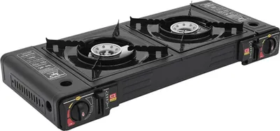 Obrázok produktu pre Plynový varič – kempingový varič s 2 horákmi – prenosný – piezoelektrické zapaľovanie – bután/LPG – s prenosným kufríkom – 64 x 27,8 x 8 cm – čierny