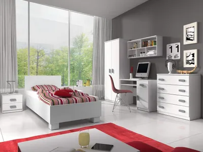 Produktbild von Kinderzimmer-Set Bett Schrank Wandregal Kommode Schreibtisch Nachttisch Weiß/Weiß mit grauen Griffen ohne Matratze Jonas I 01