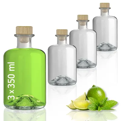 Produktbild von 3 Glasflaschen 350 ml leer zum selbst Befüllen mit Korken Apothekerflasche Essig Öl Flasche Schnapsflaschen Likörflaschen