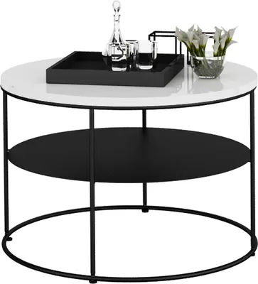 Zdjęcie produktu dla Okrągły Stolik Kawowy z Półką Loft 55 x 55 x 37 Czarny+Biały Połysk
