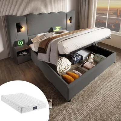 Produktbild von Polsterbett 160x200 cm (Mit Matratze) Doppelbett Grau Leinen Massivholz Metall Bettgestell Mit Lattenrost Leselampe USB Typ C Ladefunktion