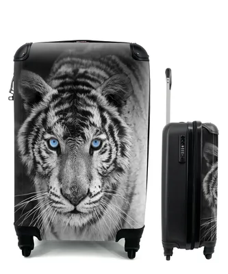 Produktbild von MuchoWow® Koffer Handgepäck Trolley Rollkoffer Kleine Reisekoffer mit 4 Rollen - Tiere - Tiger - Schwarz und weiß - Augen - Blau - Cabin Size < 55x40x23 cm & 55x40x20 cm - Fotokoffer - Kabinenkoffer - Boardgepäck - Reise-Box - Reisekoffer - Reisegepäck - Koffer mit Bild - Trolley für Kinder