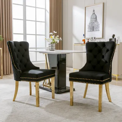 Image de okwish Lot de 2 chaises de salle à manger, avec poignée décorative à l’arrière, velours, noir/doré (2 pièces)