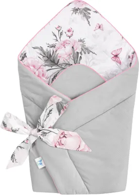Produktbild von Pepi Babyhörnchen Einschlagdecke - 75×75 cm 100% Baumwolle - Babydecke Wickeldecke Babynest - Grey Velvet Pink Flowers