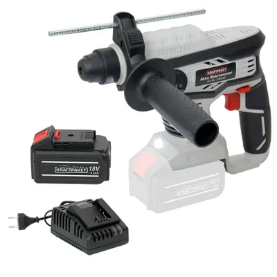 Produktbild von Dino KRAFTPAKET 18V-22 Bürstenloser Akku Bohrhammer SDS-plus Schlag-Bohrmaschine (2.2 Joule, Bohrleistung: Beton: 22mm) mit Schnellstopp, im Set mit 4Ah Akku und Ladegerät, Motor bürstenlos (Brushless)