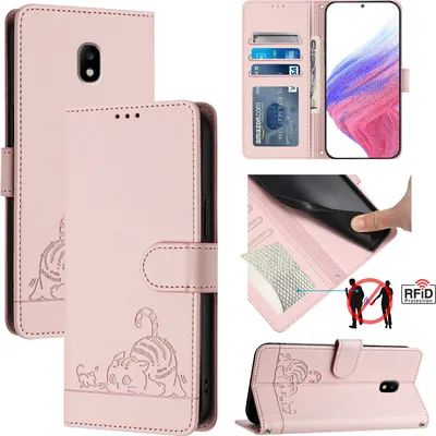 Produktbild von Leder Hülle für Samsung Galaxy J3 2017 Süße Katze Flip Case Brieftasche Schutzhülle mit Standfunktion Pink