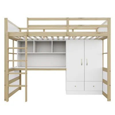 Produktbild von Flieks Etagenbett 90x200cm mit Kleiderschrank und Schubladen, Kinderbett Hochbett mit Schreibtisch und Regal, Stockbett Naturbelassen