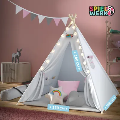 Image de Spielwerk Tipi Enfant Rose avec Coussins & Guirlande Lumineuse