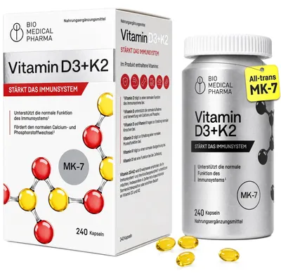 Produktbild von Vitamin D3 K2 Hochdosiert 5000 IE – K2 MK-7 All-Trans 100µg – Mit Leinöl für bessere Aufnahme – Für Immunsystem, Knochen und Muskeln (240 Softgel)