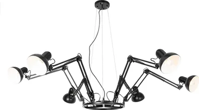 A black, multi-arm chandelier with six adjustable lamp heads, suspended from the ceiling.