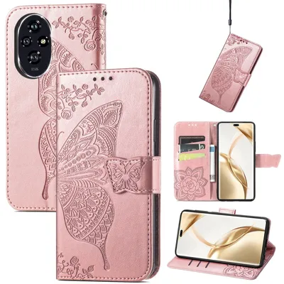 Immagine prodotto di Per Honor 200 Pro Custodia a portafoglio in Pelle finta Custodia per cellulare Custodia con design a farfalla Custodie Rosa
