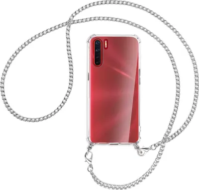 Produktbild von Handykette Backcover-Schutzhülle mit Band (Metall silberfarben) für Oppo A91 / F15 / Reno3 - silberfarbene Kette