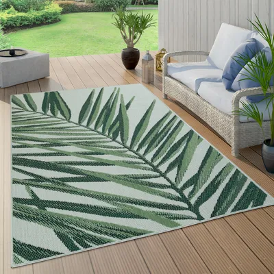 Produktbild von Outdoor Teppich Wetterfest Balkon Palmen Dschungel Florales Boho Muster Grün Grösse 120x170 cm