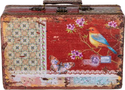 Produktbild von Truhe Kiste KD1290 Vogel Koffer Kofferset Holztruhe mit Kunstleder Schatzkiste, Größe:Größe L Rot ( 31cm B x 20cm T x 10cm H )