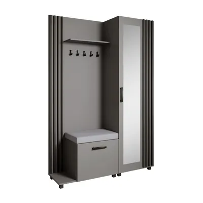 Produktbild von Garderoben-Set LIVIA Links Graphit – Garderobenschrank mit Spiegel, Aufhängern, Schuhschrank mit grauem Sitzkissen, Lamellen in Schwarz, Hochschrank