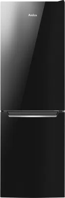 A black refrigerator with a silver handle.