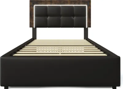 Produktbild von Polsterbett 90x200cm Einzelbett (Ohne Matratze) Funktionsbett Höhenverstellbarem Kopfteil Mit LED-Beleuchtungsleiste und 4 Schubladen PolyurethanSchwarz