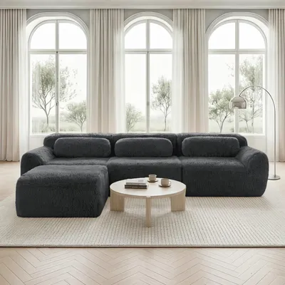 Image de Canapé modulaire en forme de L, revêtement en tissu doux, sans cadre, livré démonté, avec coussins, très résilient (gris)