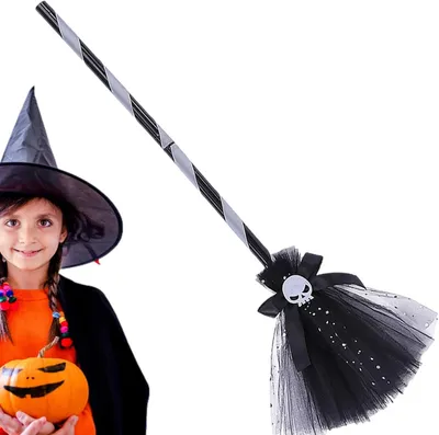 Productafbeelding van Heksenkostuum Meisjes - Tovenaarshoed Bezem - Halloween Rollenspel - Lintdecoraties Hoed - 3-12 Jaar - Zwart
