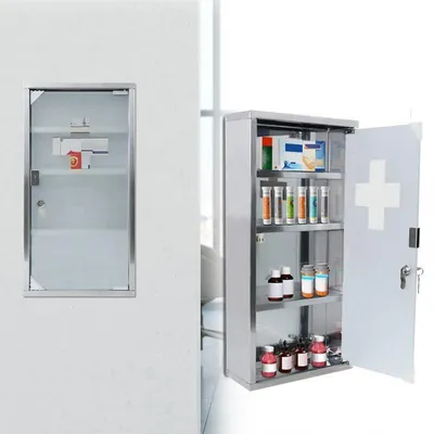 Obrázek produktu pro Lékařská skříňka z nerezové oceli, uzamykatelná, se skleněnými dvířky, 4 přihrádky, rozměry 30 x 12 x 57,5 cm
