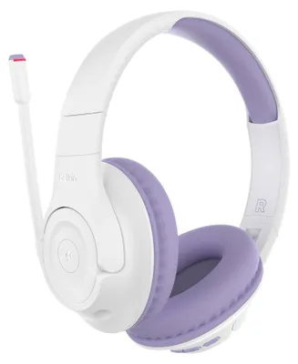 A white and purple on-ear headphone with a microphone.