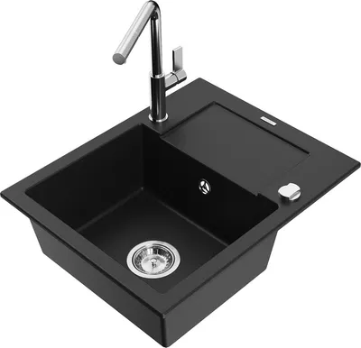 Produktbild von Mexen Enzo 1 Becken-Granitspüle mit Abtropffläche und Mischbatterie Flora, Schwarz - 6506-77-670401-00