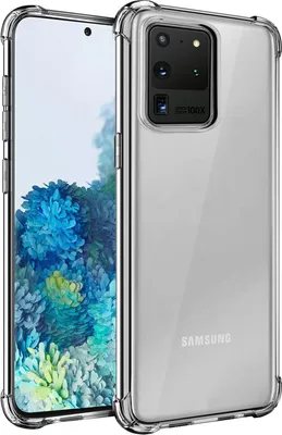 A clear protective case for a Samsung Galaxy S20 Ultra phone is shown from a diagonal angle.