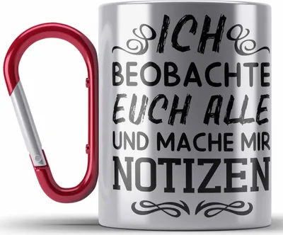Produktbild von Trendation - Ich Beobachte Euch Alle Und Mache Mir Notizen Edelstahl Tasse Karabiner Geschenk Arbeitskollegin Kollege Geschenkidee Karabiner Edelstahl Tasse Karabiner Edelstahl (Rot)