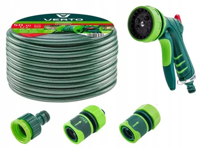 Produktbild von VERTO Gartenschlauch 1/2 Zoll - 50 m + Wasserspritze (7 Funktionen) + 3 Stück Anschluss Kit | Gartenbewässerung Komplettes Starterset