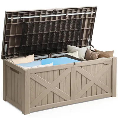 Produktbild von Balconera Aufbewahrungsbank 450 Liter mit X-Fron,  Gartenbox mit Deckel, Wetterfeste Outdoor-Sitzbank, Hellbraun