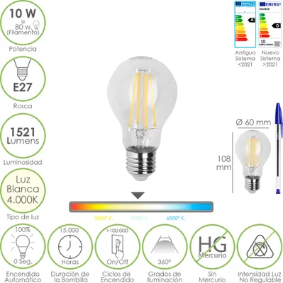 Obrázok produktu pre Štandardná LED žiarovka so závitom E27. 10 W. Ekvivalent 80 wattov. 1521 lúmenov. Neutrálne svetlo 4000º K.