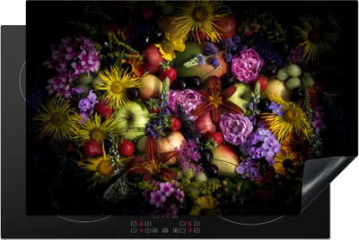 Produktbild von KitchenYeah© Herdabdeckplatte Stilleben mit Blumen und Früchten , 81x52cm, Küche Deko, Glaskeramikkochfeld Herdabdeckung, Abdeckplatte fùr Kochfeld
