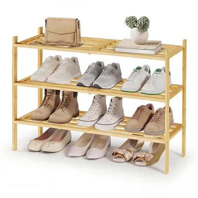 Imagen del producto de SONGMICS Estantería para zapatos de bambú, con 3 niveles, para 12-16 pares de zapatos, apilable, color natural