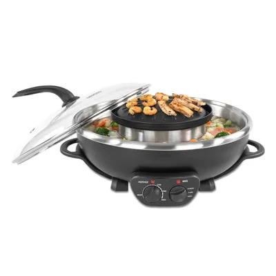 Produktbild von Unold Asia Fondue Hot Pot, 2-in-1 elektrischer Tischgrill & Fonduetopf aus Edelstahl ca. 2,5 Liter – Grillplatte (Ø 22 cm) & Hot Pot getrennt regelbar