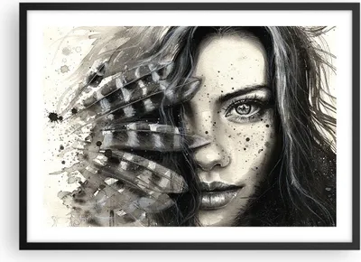Produktbild von Gerahmtes Poster - Schwarzer Rahmen - Frau Federn Lippen Kunst. - 70x50 cm - Wand Bild - Wanddeko - Wandbilder - Wandposter - Bilderrahmen - Bilder - Kunstdruck - Wandbild - P2BAA70x50-2874