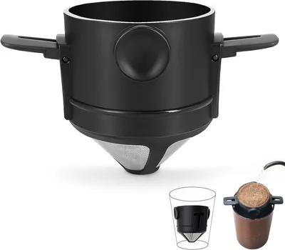 Produktbild von Edelstahl Kaffeefilter – Wiederverwendbarer Kaffeefilter – Papierloser Pour-Over Filter – mit Halter – für Zuhause, Büro und Camping – Schwarz