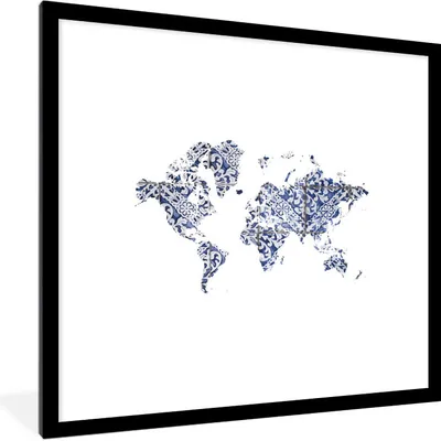 Produktbild von MuchoWow® MuchoWow® Gerahmtes Poster Weltkarte - Delfter Blau - weiß 40x40 cm - Poster mit zchwarzem Bilderrahmen - Poster - Plakat im Rahmen