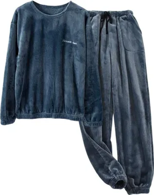 Produktbild von ASKSA Herren Pyjama Lang Schlafanzug Set Winter Fleece Zweiteiliger und Schlafhose Set Weich Flanell Nachtwaesche Loungewear,Blau,XL