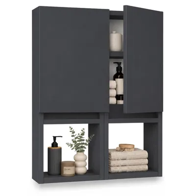 Produktbild von paplinskimoebel Hängeschrank Badezimmer mit 6 Regalen, Dąb Lancelot, 75x56x25 cm, Soft-Close Türen, Wandmontage, Graphite, Gäste WC & Bad