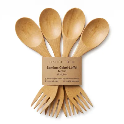 Produktbild von Hausleben Bambus Gabel-Löffel Multibesteck – 4 Stück | Umweltfreundliches Bambusbesteck | Wiederverwendbar & Leicht | 17 x 3,5 cm | Ideal für Camping, Reisen & Zuhause