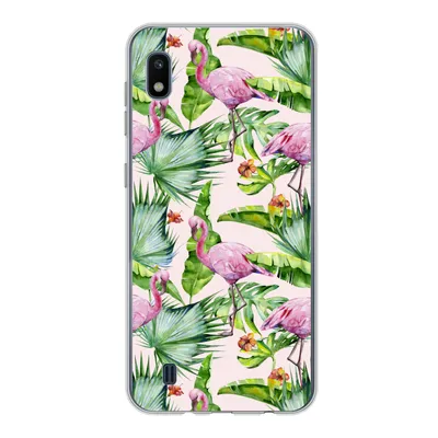 A phone case with a flamingo and tropical leaf pattern.
