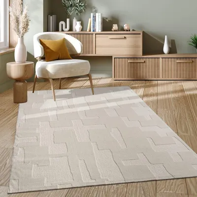Produktbild von Teppich Kurzflor Struktur Wohnzimmer  Creme Rechteckig 80x150 | 100% Polyester, Rücken aus Baumwolle | Florhöhe: 10 mm | Handwäsche