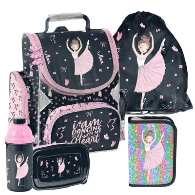 Immagine prodotto di Zaino scolastico per bambine e bambini con motivo BALLERINA, set da 5 pezzi: zaino, astuccio, sacchetto per scarpe, borraccia, borsa per la colazione. Mega-set Paso